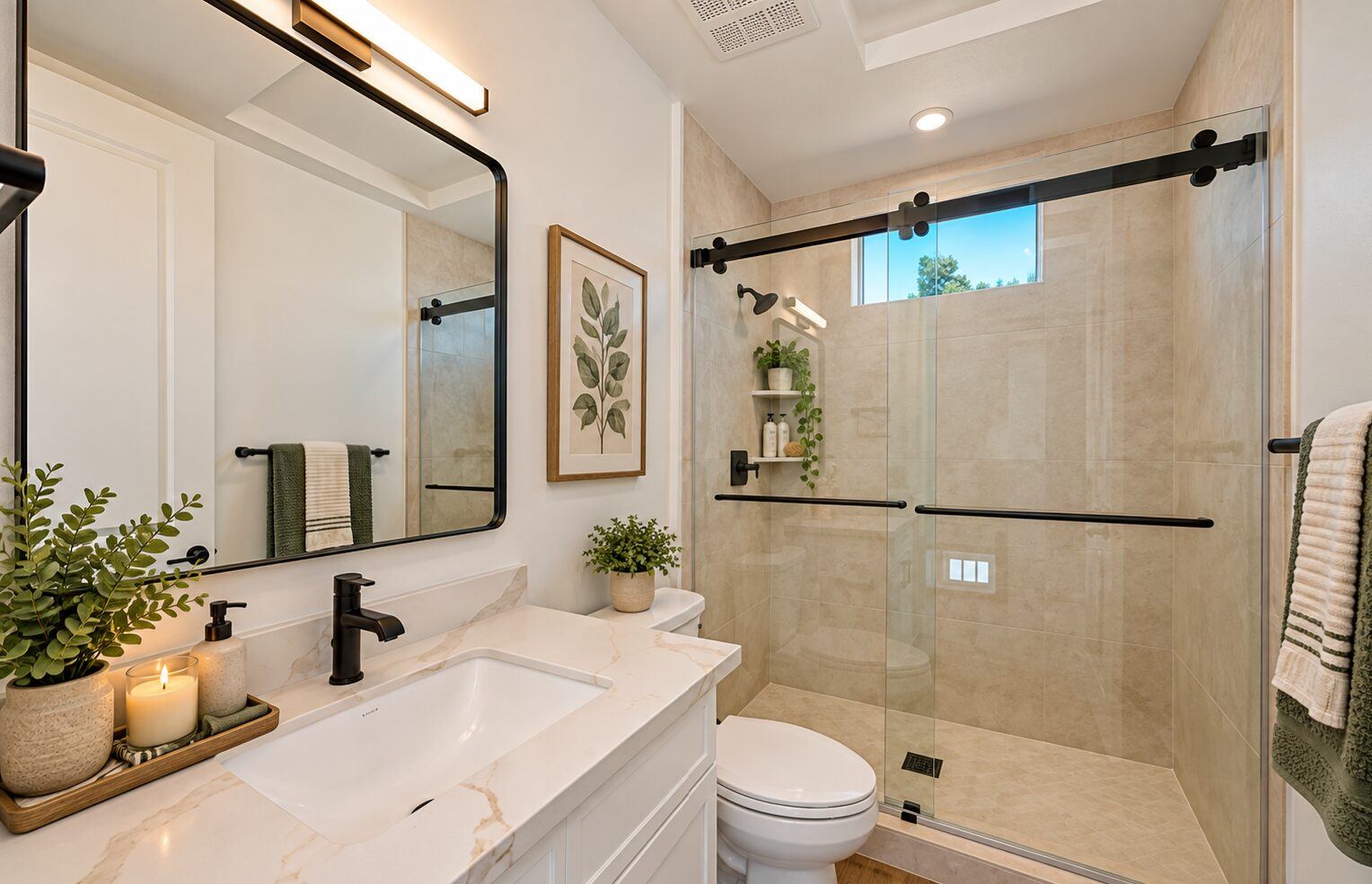 A bright, modern bathroom with a white marble-look vanity, black fixtures, a large framed mirror, and a glass-enclosed walk-in shower with beige tile and black sliding hardware. Green plants, folded towels, botanical wall art, and a lit candle add warm, natural accents.