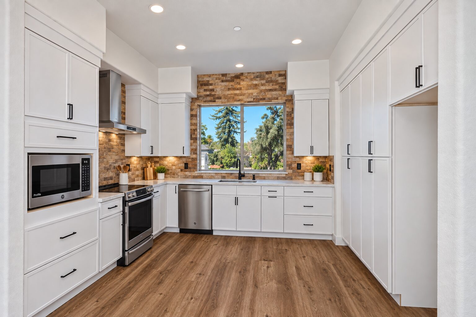 Bright, modern kitchen with white cabinetry, black hardware, stainless-steel appliances, warm wood flooring, and a multitone stone backsplash. A large window over the sink fills the room with natural light and overlooks lush trees and greenery.