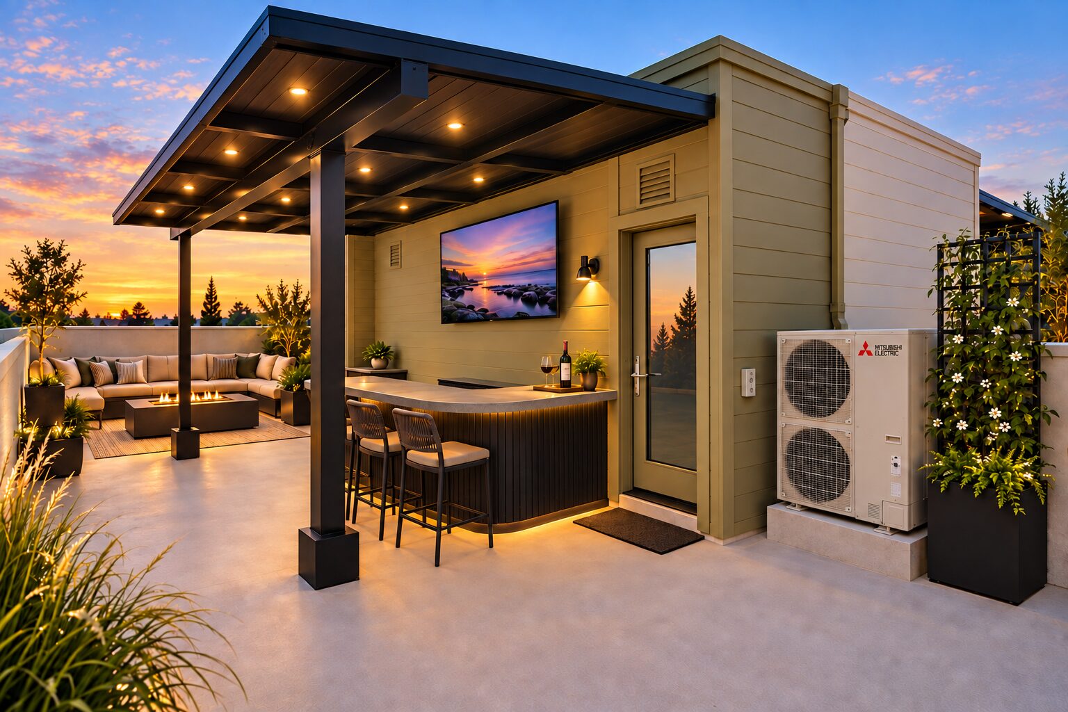 Modern rooftop terrace at sunset with a covered outdoor bar, stools, wall-mounted TV, lounge seating around a fire pit, and integrated warm lighting. Planters and climbing greenery frame the space, with a visible Mitsubishi Electric outdoor HVAC unit beside the rooftop structure.