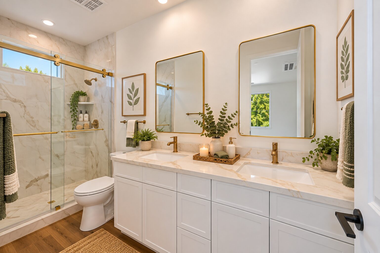 Bright, modern bathroom with a marble-tiled glass shower, white double-sink vanity, gold fixtures and framed mirrors, a toilet, warm wood flooring, and green botanical accents.