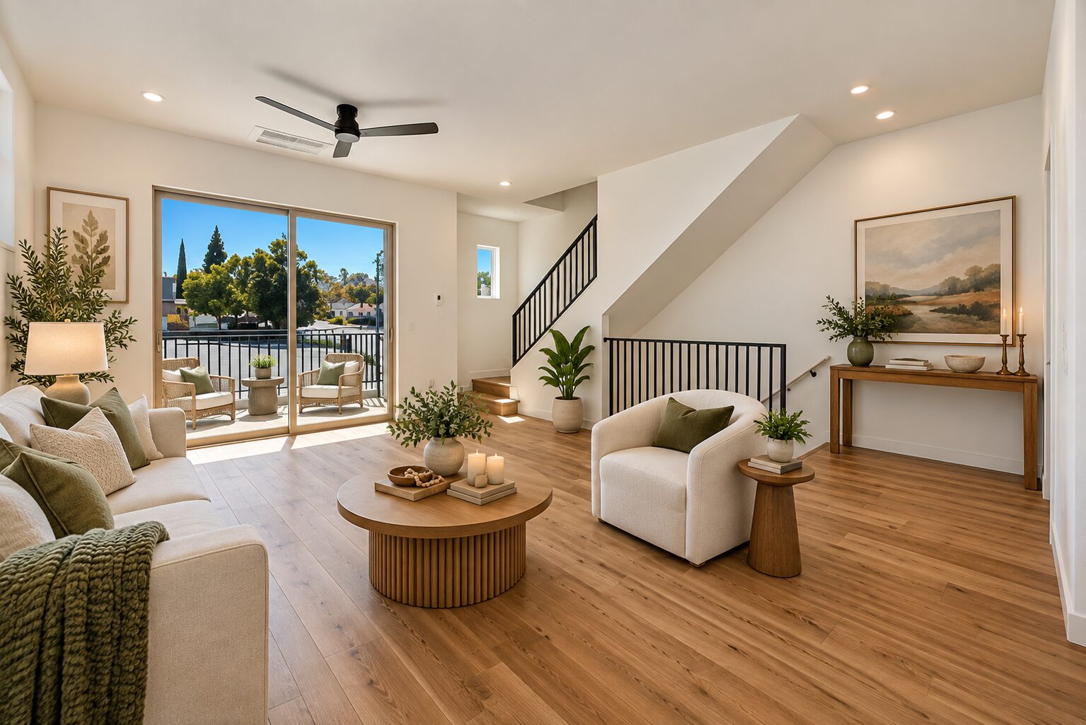 Bright, airy living room with warm wood floors, neutral furnishings, green accents, and abundant natural light from large sliding glass doors opening to a small furnished balcony. A black-railed staircase, indoor plants, round wood coffee table, landscape artwork, and ceiling fan complete the modern, inviting space.